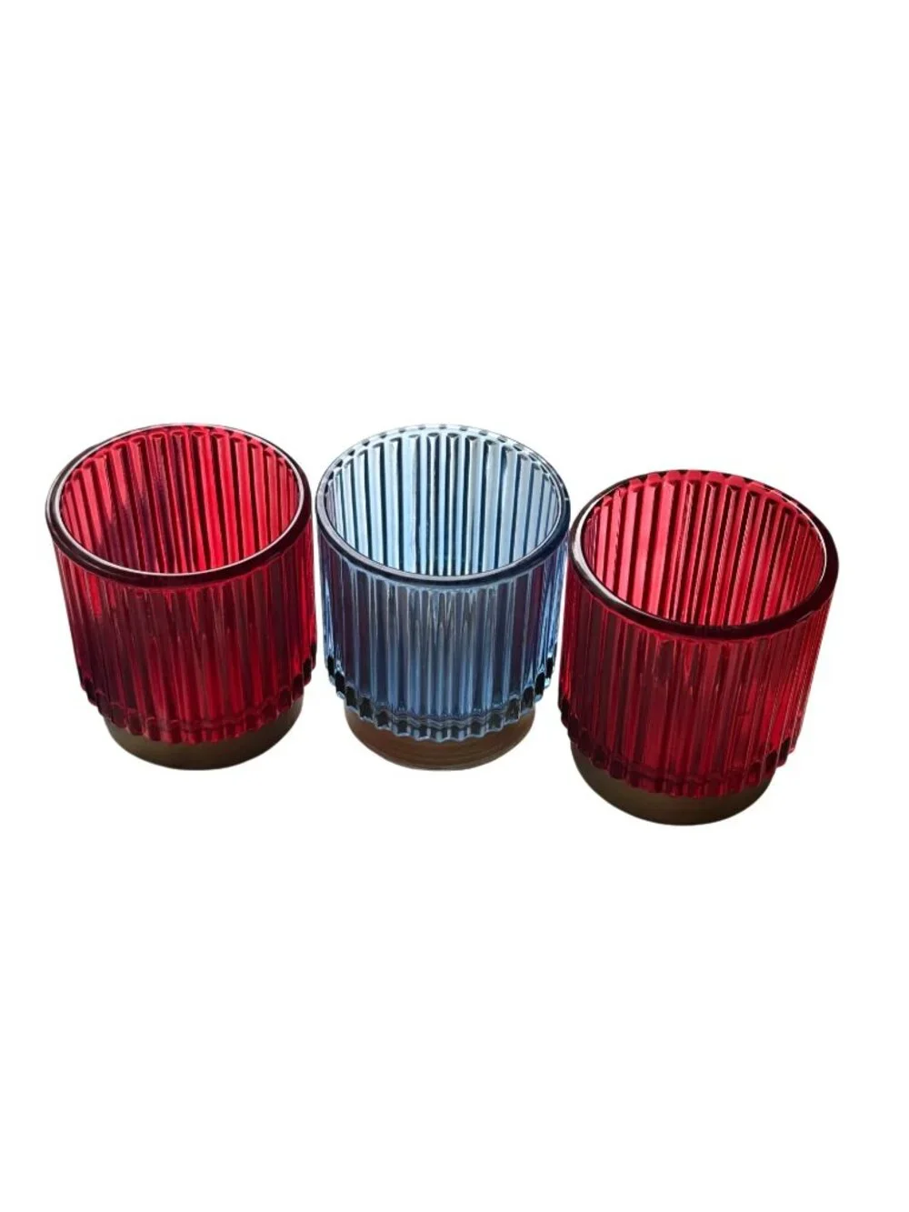 Set Of 3 Ribbed Glass Candle Holders With Gold Bases In Red & Blue